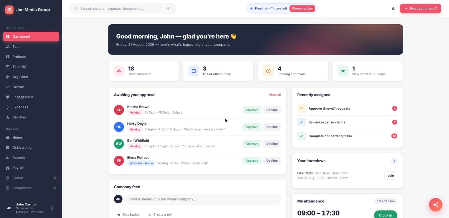 Staffvelo dashboard — approvals, company feed, attendance and tasks